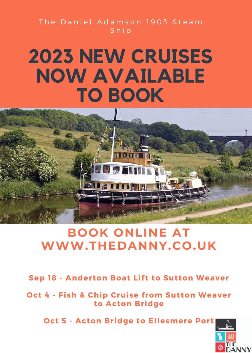 We have just added a few extra cruises towards the end of the season including the very popular #fishandchip cruise.
Bookings at thedanny.co.uk/events
<a href="/MrTimDunn/">Tim Dunn</a>
<a href="/RAIL/">RAIL Magazine</a> <a href="/MikeAmesburyMP/">Mike Amesbury</a> <a href="/BunkerGraeme/">Graeme Bunker 〓〓</a> <a href="/HairyBikers/">Hairy Bikers</a> <a href="/TVNaga01/">Naga Munchetty</a> <a href="/CRTNorthWest/">Canal & River Trust North West</a> <a href="/VisitCheshire/">Visit Cheshire</a> <a href="/interferenceart/">interference-art</a>