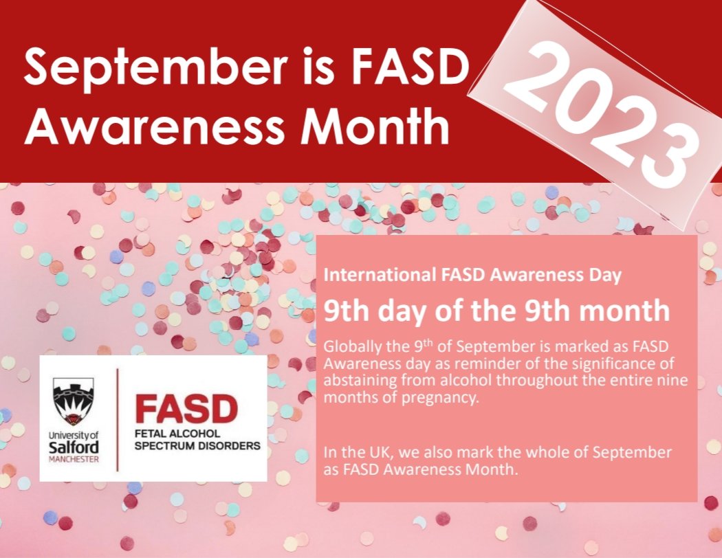 FasdSalford's tweet photo. 🎉📢 Today marks the start of #FASDmonth2023 ! 📢🎉Throughout #September we'll be sharing how you can find out more, get involved and help raise awareness of Fetal Alcohol Spectrum Disorder - @SalfordUni #FASD #Research https://t.co/6NLVg3RMpX