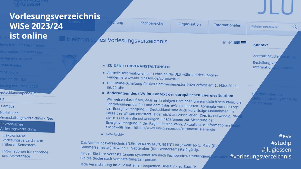 me_jlu's tweet photo. Das #Vorlesungsverzeichnis #eVV für das WiSe 2023/24 ist nun online https://t.co/l9xMigVjmX #hrz #studip #jlugiessen https://t.co/1mRNHppncB