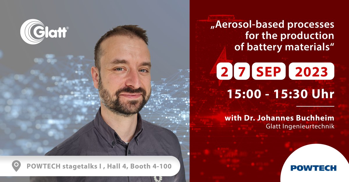 glatt_group's tweet image. Are you attending @Powtech?
Save the date for the lecture on "Aerosol-based processes for the production of battery materials" from our expert Johannes Buchheim. 

#lecture #batterymaterials #powdersynthesis #glatt

foodfeedfinechemicals.glatt.com/safety-concept…