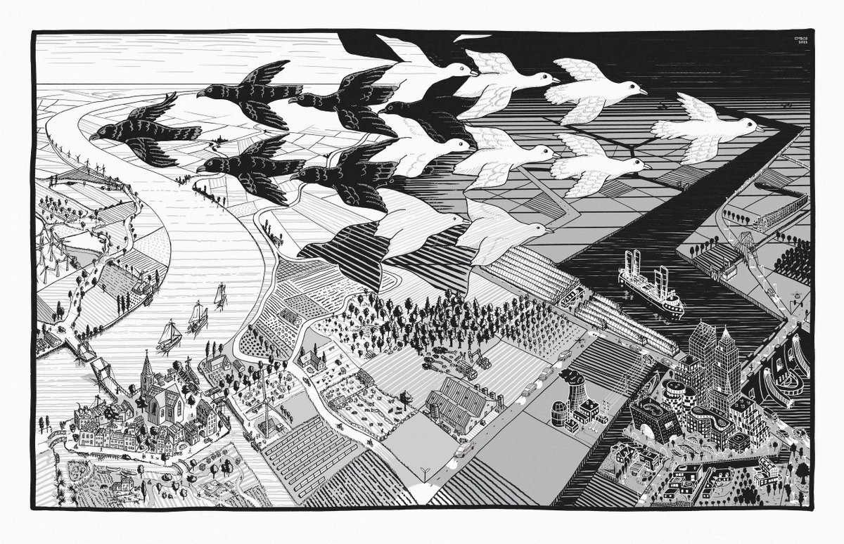 marijnbos's tweet photo. @CharlesCMann, you may find this interesting: we visualized your wizard/prophet idea for Holland in the style of Escher. 
Which sustainability? Solar, bikes and seasonal agriculture on the left; nuclear, drones and greenhouses on the right. And they come together in the middle..! https://t.co/wXpwRpTgdW