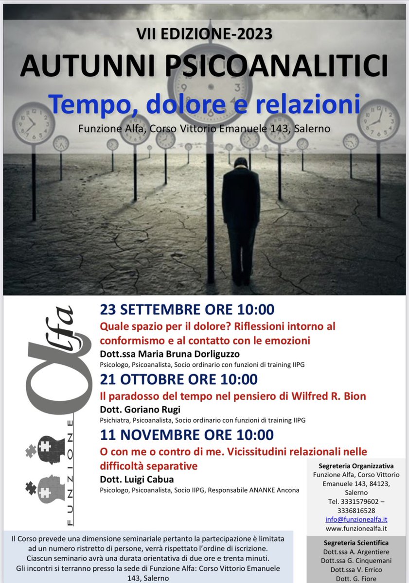 AUTUNNI PSICOANALITICI 2023
Tempo, dolore e relazioni

Siamo pronti per la VII edizione. 
Ecco il programma

#autunni23 #salerno #psicoanalisi #psicologia #psicologiaanalitica #psicoterapia