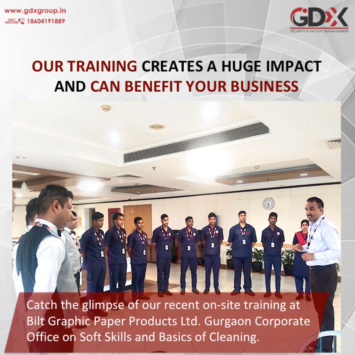 Catch a glimpse of our recent on-site training at Bilt Graphic Paper Products Ltd. Gurgaon Corporate Office on Soft Skills and Basics of Cleaning. 
#GDXGroup #GDXtech #GDXuniqueservices #GDX37YearsofServiceExcellence #SecurityServices #GDXtraining