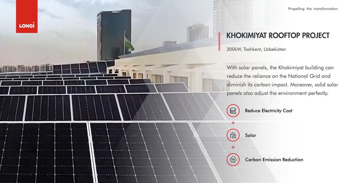 longi_solar's tweet photo. #LONGi is teaming up with EPC Solar Nature in the ‘Tashkent City Khokimiyat’ solar project. This 300 kW project in Tashkent, #Uzbekistan will promote renewable energy. Our #HiMO5 solar panels will decrease reliance on the National Grid and fit the local climate. https://t.co/7sAYHm60lz
