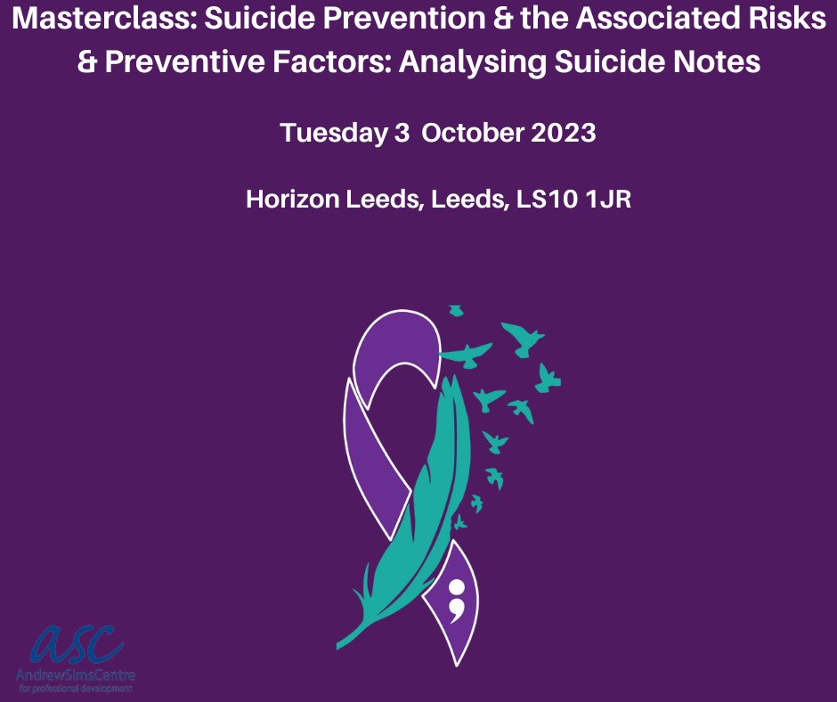 Mcs: Suicide Prevention 
Tuesday 3 October 2023 
Horizon Leeds  

Led by <a href="/CalliTP/">Calli Tzani</a> the talk will focus on suicide prevention strategies and how the online environment could post a risk for individuals with suicide ideation. 
 
Book On: rb.gy/syc9k 

#ASC #LYPFT #NHS