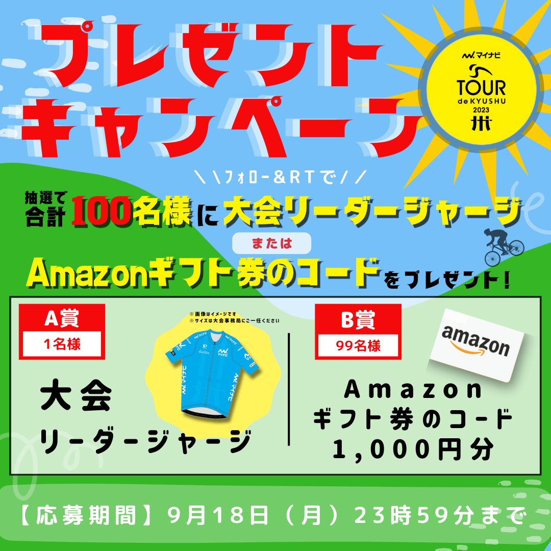 tour_de_kyushu's tweet photo. 🚴‍♀️第2回 #プレゼントキャンペーン
 
 【プレゼント内容】
 🎁Amazonギフト1000円分
 🎁 大会リーダージャージ
合計100名様にプレゼント👏

 【応募条件】
 @tour_de_kyushuを
フォロー&リツイート 

🔥好きな選手や好きなチームをコメント又は引用リツイートで当選率アップ‼️

#懸賞 #プレゼント企画
#マイナビツールド九州
