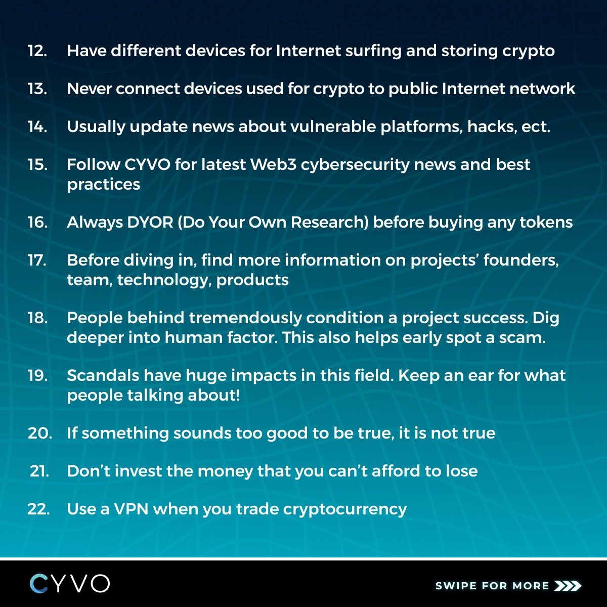 CYVOio's tweet photo. 📌List of 29 best practices in crypto.
Save by rt this. Share w us your best practice in crypto.

#AlwaysOnGuard

#crypto #cryptocurrencies #cryptomarket #CryptoNews #CyberSecurity #CyberSecurityAwareness https://t.co/Jrchrs4gNP
