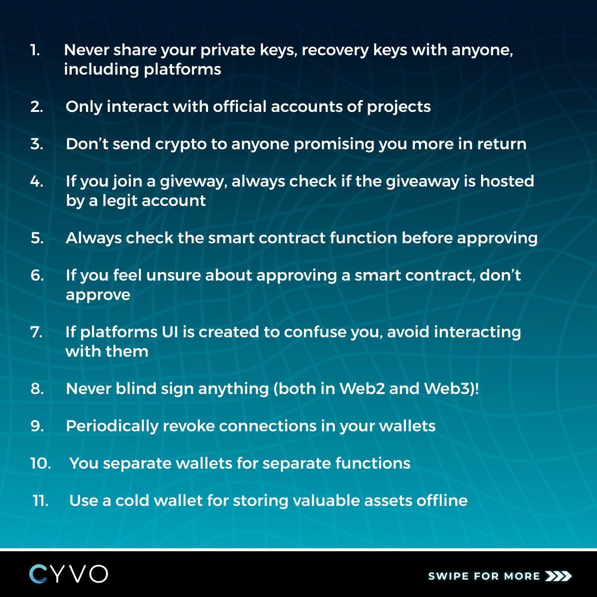 CYVOio's tweet photo. 📌List of 29 best practices in crypto.
Save by rt this. Share w us your best practice in crypto.

#AlwaysOnGuard

#crypto #cryptocurrencies #cryptomarket #CryptoNews #CyberSecurity #CyberSecurityAwareness https://t.co/Jrchrs4gNP