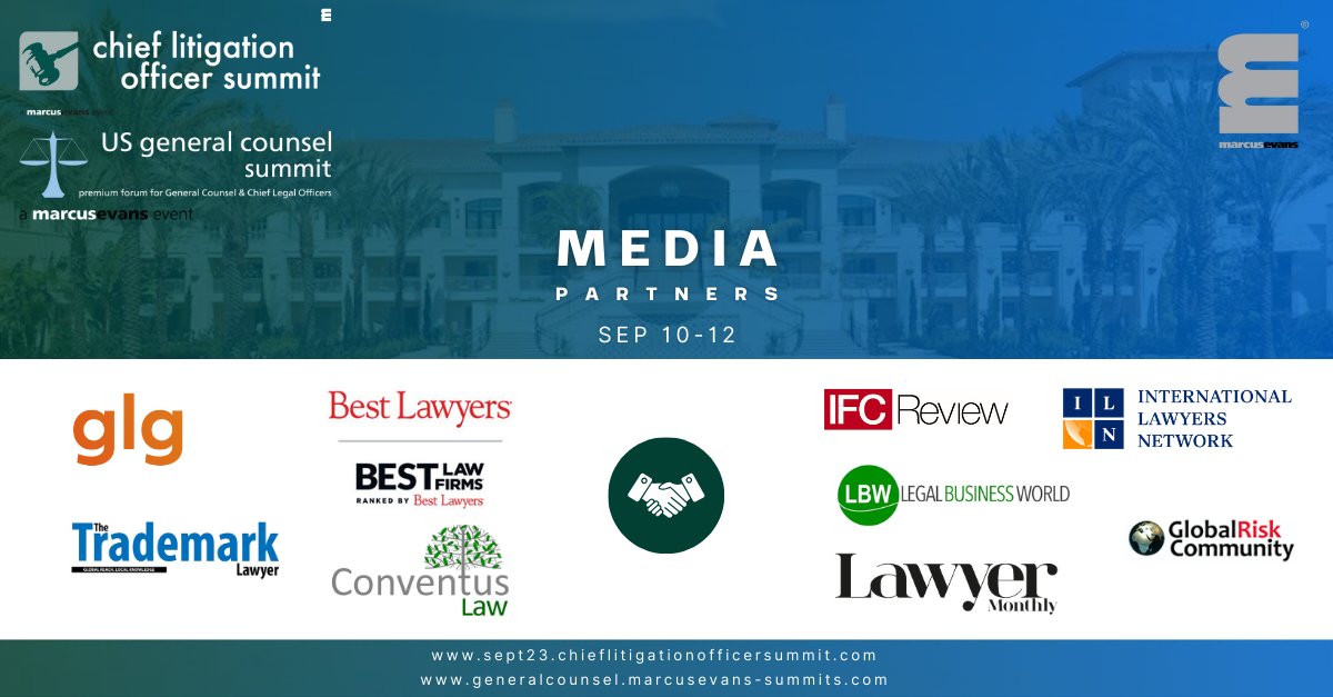 marcus evans (@marcusevans) on Twitter photo A big Thank you to our official media partners for the CLO Summit and US GC Summits!
<a href="/GlobalLegalGrp/">Global Legal Group</a>
<a href="/BestLawyers/">Best Lawyers</a>
<a href="/tmlawyermag/">The Trademark Lawyer Magazine</a>
<a href="/conventuslaw/">Conventus Law</a>
<a href="/ifcreview/">IFC Review</a>
@LegalBizWorld
<a href="/LawyerMonthly/">Lawyer Monthly</a>
@ILNtoday
<a href="/agranovb/">Boris Agranovich</a> A big Thank you to our official media partners for the CLO Summit and US GC Summits!
<a href="/GlobalLegalGrp/">Global Legal Group</a>
<a href="/BestLawyers/">Best Lawyers</a>
<a href="/tmlawyermag/">The Trademark Lawyer Magazine</a>
<a href="/conventuslaw/">Conventus Law</a>
<a href="/ifcreview/">IFC Review</a>
@LegalBizWorld
<a href="/LawyerMonthly/">Lawyer Monthly</a>
@ILNtoday
<a href="/agranovb/">Boris Agranovich</a>