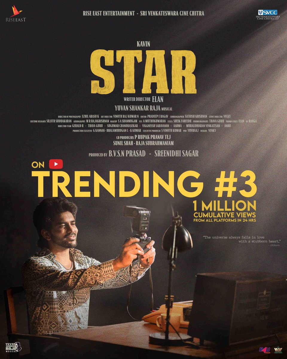 #STARMOVIE … Trending #3 … Oh wow @Kavin_m_0431 @elann_t @thisisysr @riseeastcre @SVCCofficial @Pentelasagar @BvsnP @Ezhil_DOP @PradeepERagav @Meevinn @sujith_karan @dancersatz @rajakrishnan_mr @muthukumaranvfx @VickyStunt_dir @venkystudios @vinoth_offl @proyuvraaj @vamsikaka