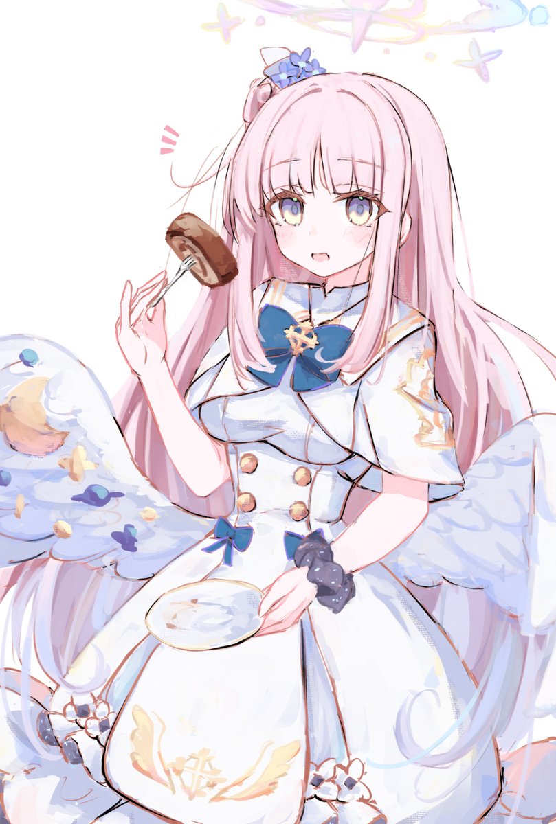 mika (blue archive) 1girl solo pink hair halo long hair wings food  illustration images