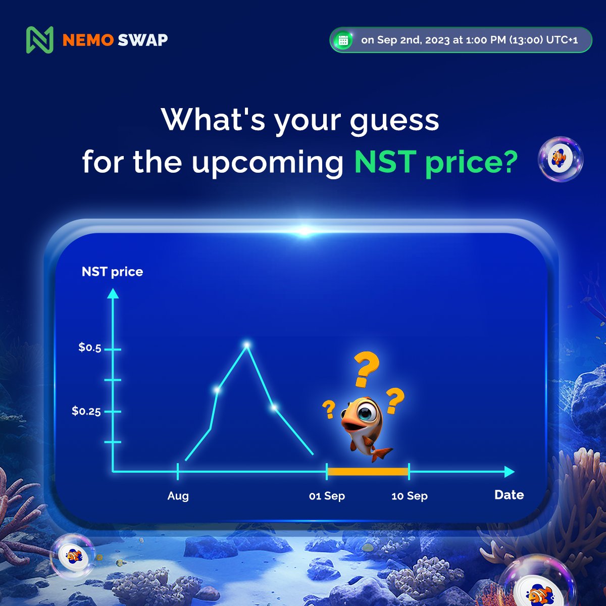 NemoSwapDEX's tweet photo. Let's play the guessing game! Based on NST's history in Aug, what will the price be from Sep 1 to Sep 10? Share your prediction! 📊💰 🐠🐳
#NST #NemoSwapTreat #NSTLiquidityBoost #PricePrediction https://t.co/c2OOj3uT0b