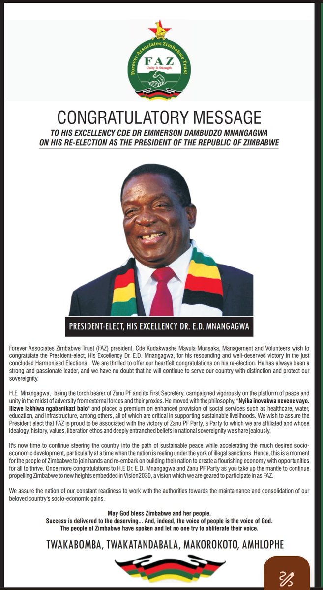 faz_trust's tweet photo. The People have spoken
#FAZ President @kayzkoke,management and volunteers wish to congratulate President @edmnangagwa on his resounding re-election victory https://t.co/01L0bWK58y