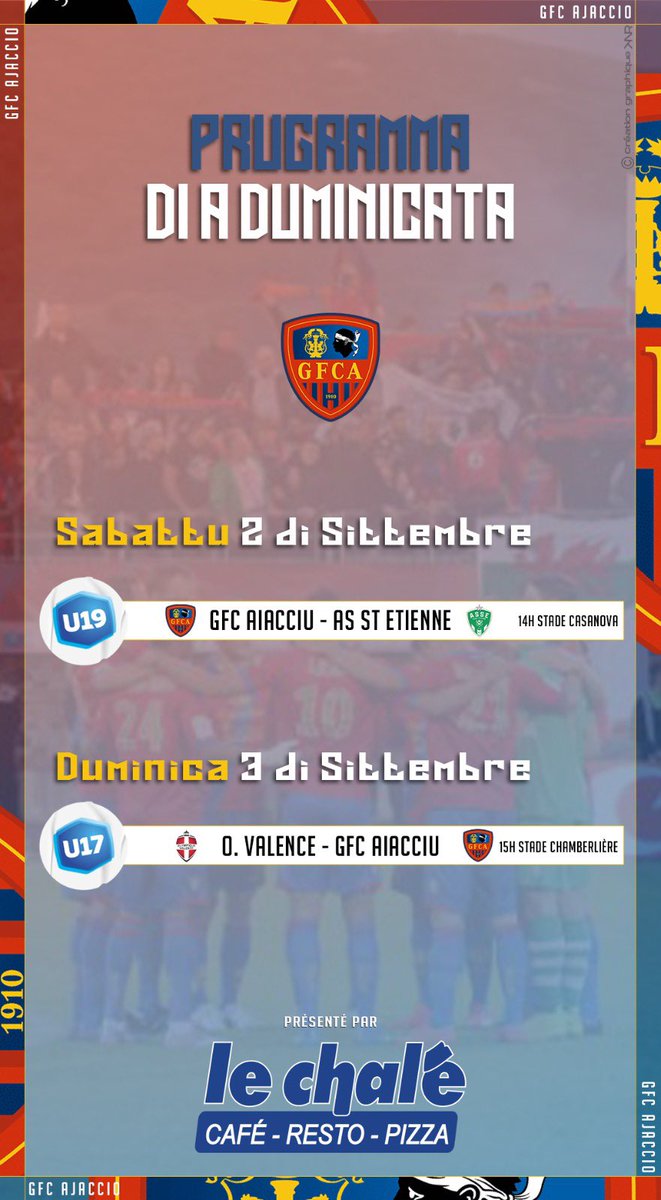 gfc_ajaccio's tweet photo. 𝗣𝗥𝗨𝗚𝗥𝗔𝗠𝗠𝗔 𝗗𝗜 𝗔 𝗗𝗨𝗠𝗜𝗡𝗜𝗖𝗔𝗧𝗔 𝗗𝗜 𝗔 𝗙𝗨𝗥𝗠𝗔𝗭𝗜𝗢𝗡𝗜

Eccu u prugramma pà sta duminicata
Tutt’in 𝗠𝗲𝘇𝘇𝗮𝘃𝗶𝗮 sabbatu a 2 ori pà i nostri 𝗨𝟭𝟵 !

Forza GFCA ! 🔴🔵

#Furmazioni #Avvena https://t.co/rNqvsHR5B0