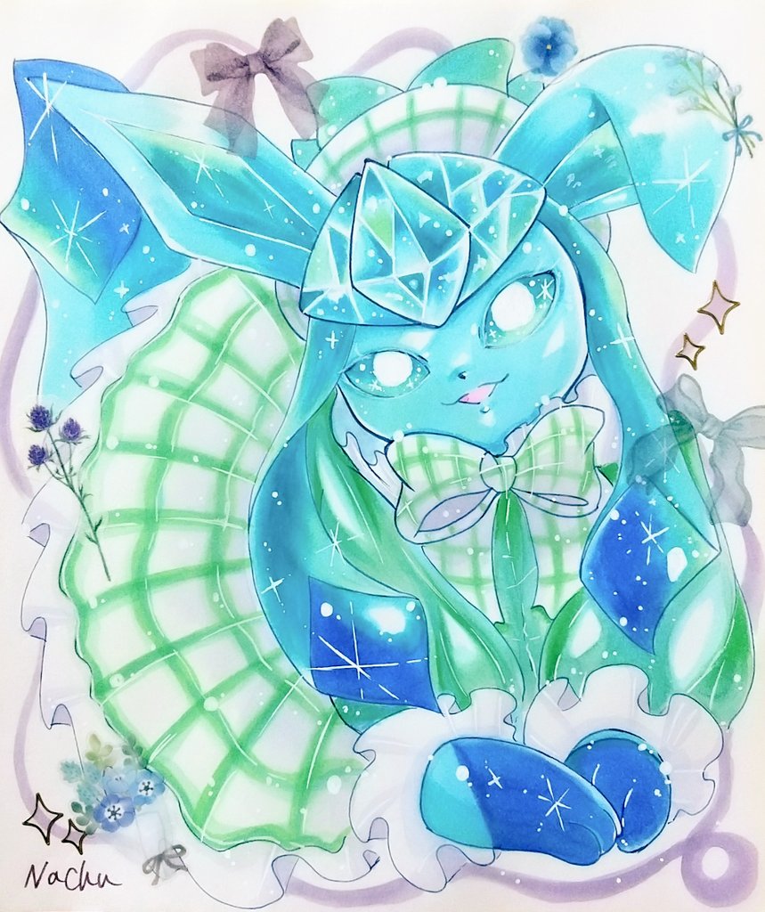 glaceon pokemon (creature) no humans solo bow smile traditional media flower  illustration images