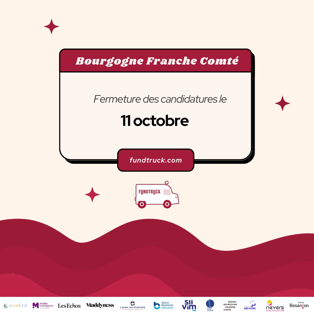 On est reparti ! Les candidatures sont ouvertes pour tous les entrepreneurs de Bourgogne Franche Comté ! Inscrivez-vous pour participer au concours du Fundtruck et rejoignez-nous du 25 au 26 octobre ! 👉fundtruck.com/candidater ⚠️ Les candidatures se clôturent le 11 octobre