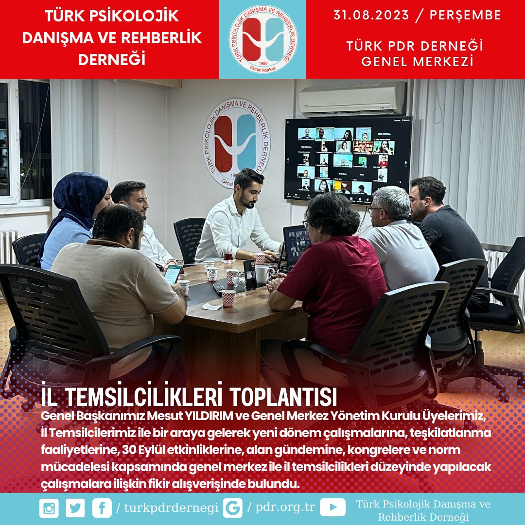 turkpdrdernegi's tweet photo. Genel Başkanımız Mesut YILDIRIM ve Genel Merkez Yönetim Kurulu Üyelerimiz, İl Temsilcilerimiz ile bir araya gelerek yeni dönem çalışmalarına, teşkilatlanma faaliyetlerine, 30 Eylül etkinliklerine, alan gündemine, kongrelere ve norm mücadelesi kapsamında genel merkez ile il temsilcilikleri düzeyinde yapılacak çalışmalara ilişkin fikir alışverişinde bulundu. 

@turkpdrdernegi