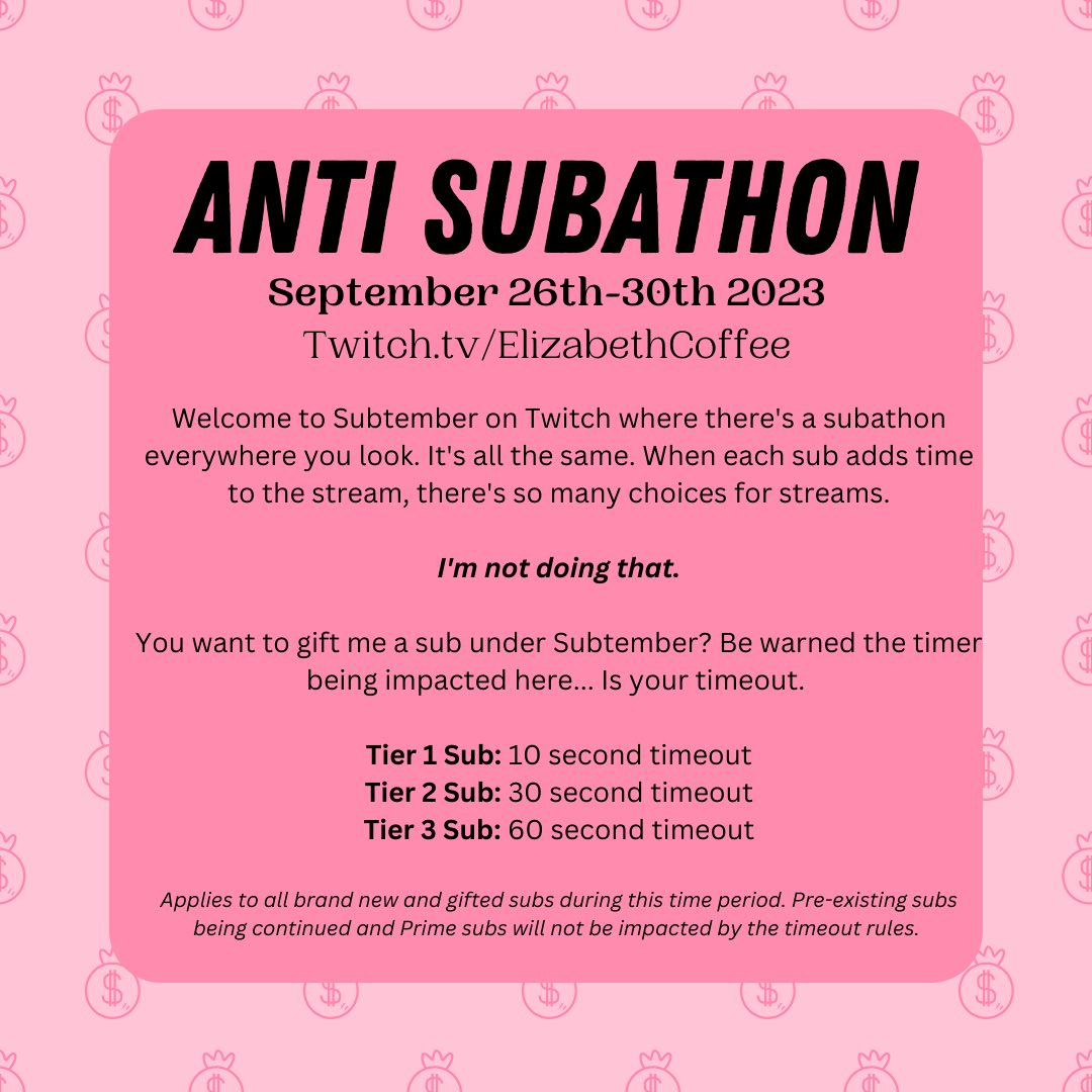 ElizaaCoffee's tweet photo. I’ll be hosting an anti-subathon from 26th-30th August where new first time subs and gifted subs will be met with time outs for gifters instead of adding to my stream timer. 

So don’t do it

https://t.co/gv0buec8gn https://t.co/vv79CKUOem