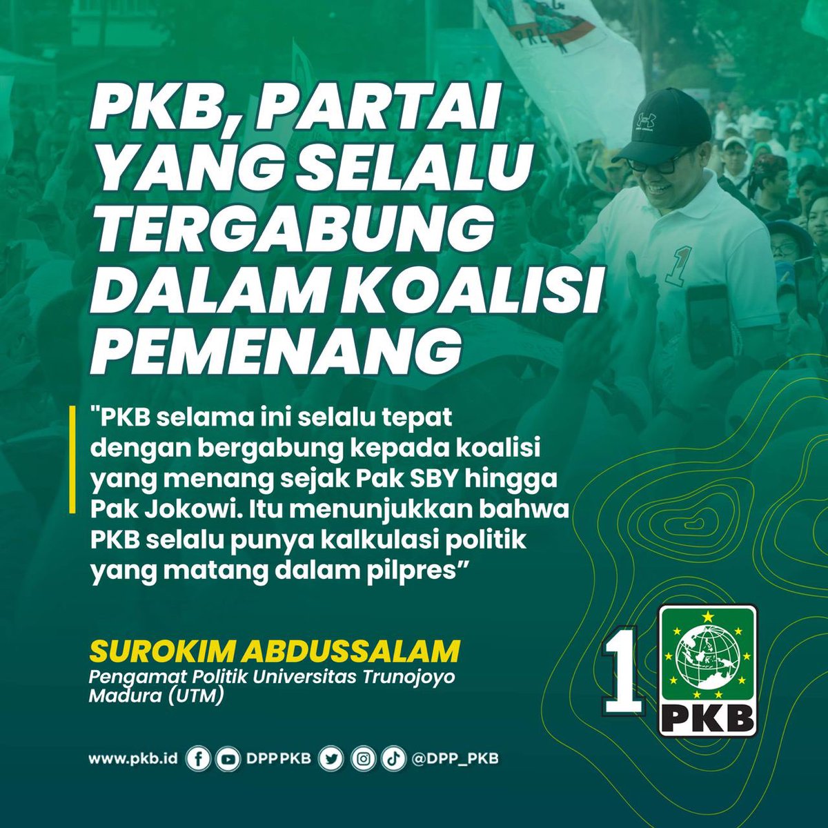 PKB selalu tergabung dalam
Koalisi Pemenang yang menandakan bahwa Gus <a href="/cakimiNOW/">A Muhaimin Iskandar</a> selalu punya kalkulasi politik yang matang di Pilpres. 

- Pengamat Politik UTM <a href="/Surokim_As/">SUROKIM ABDUSSALAM</a>  

#GusIminPKBSatu
#GusIminKunciPilpres
