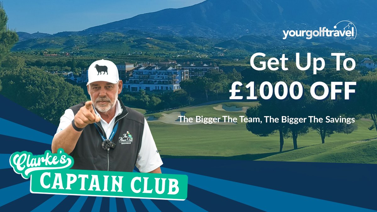 yourgolftravel's tweet photo. Introducing Clarke’s Captain Club ⛳ ✈️

This September, get up to £1000 off your golf holiday 💰

Click here: https://t.co/t64KhUjNCn https://t.co/9KWrZcIYfD