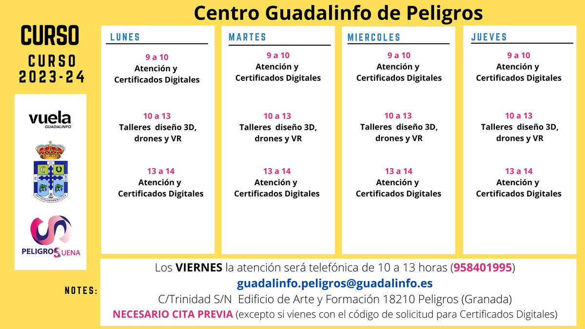 Punto Vuela Peligros (@peligrosvuela) on Twitter photo Obligatorio cita previa 958401995 guadalinfo.peligros@guadalinfo.es
Horario Lunes a jueves 9 a 10 y de 13 a 14 horas. Viernes atención telefónica de 10 a 13 horas
<a href="/PeligrosSuena/">Ayuntamiento de Peligros</a> Obligatorio cita previa 958401995 guadalinfo.peligros@guadalinfo.es
Horario Lunes a jueves 9 a 10 y de 13 a 14 horas. Viernes atención telefónica de 10 a 13 horas
<a href="/PeligrosSuena/">Ayuntamiento de Peligros</a>