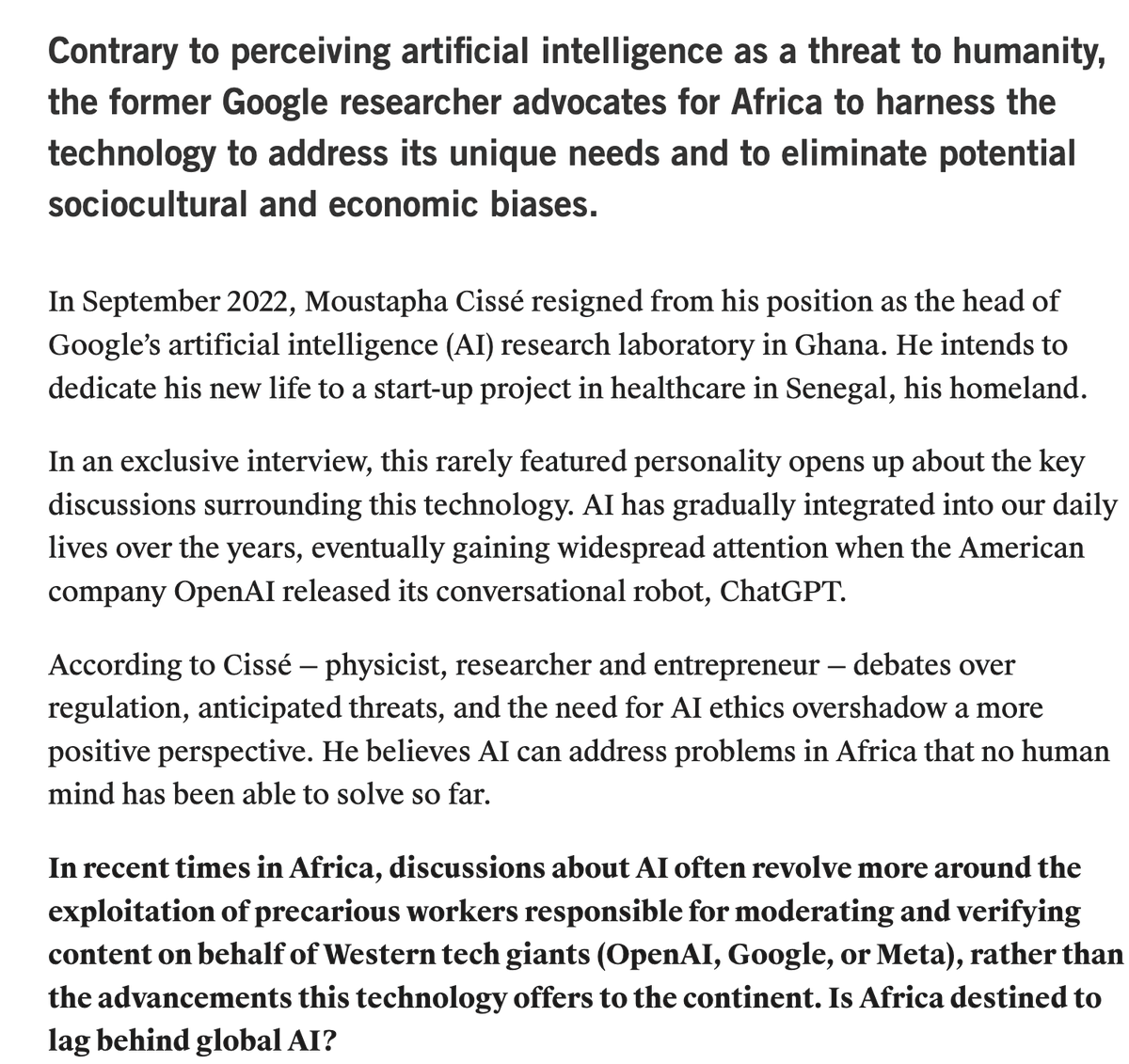 OsloCouncilman's tweet photo. Moustapha Cissé: African states disconnected from AI discourse.
"Contrary to perceiving artificial intelligence as a threat to humanity, the former Google researcher advocates for Africa to harness the technology to address its unique needs and to eliminate potential sociocultural and economic biases." https://t.co/gIx0a9CWzK