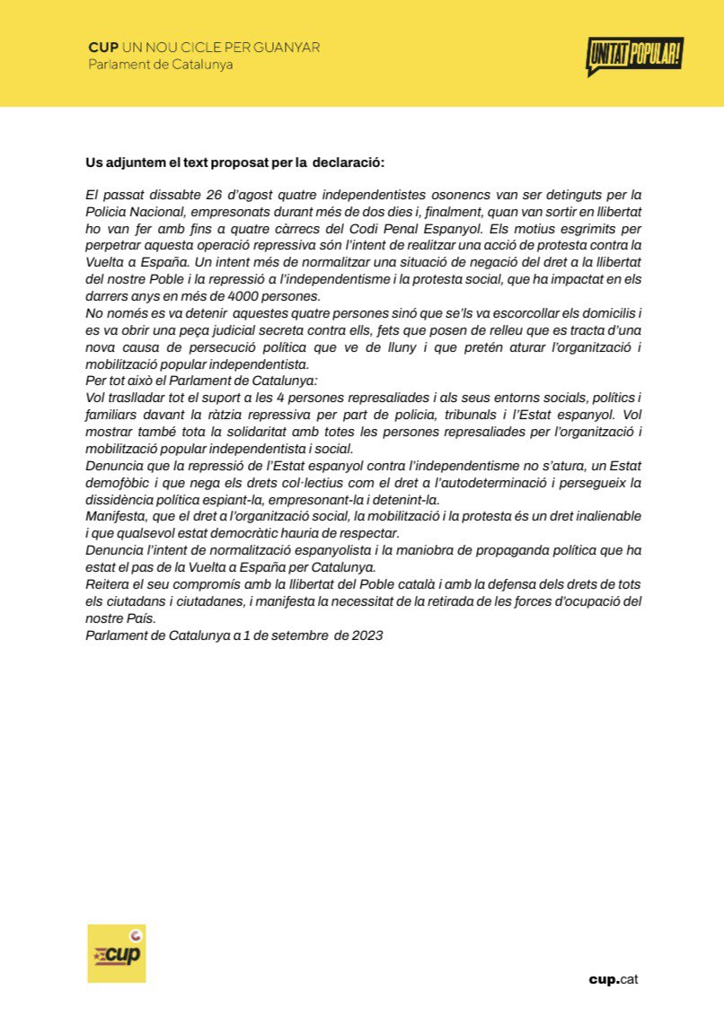 XaviPalli's tweet photo. Hem impulsat una declaració al Parlament de suport als independentistes detinguts, per denunciar la repressió de l'Estat i l'intent de normalització del conflicte amb operacions propagandístiques com la Vuelta

No s'ha pogut aprovar per la falta de suport de la resta de partits👇 https://t.co/DtZCnXrJDs