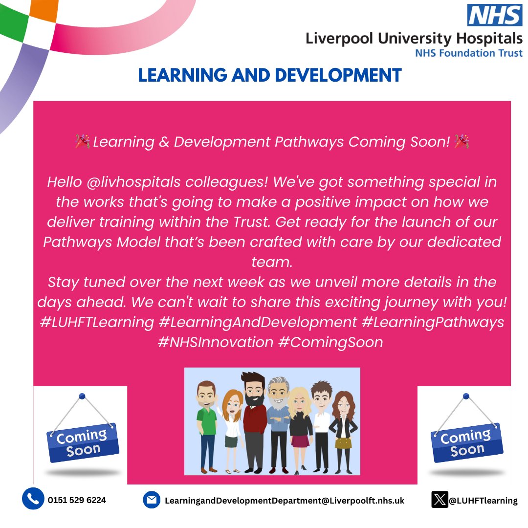 LUHFTlearning's tweet photo. 🎉Learning & Development Pathways Coming Soon!🎉
Hello @LivHospitals colleagues! Please check out the attached image with exciting news on our new Pathways Learning Model #ComingSoon
#LUHFTLearning #LearningAndDevelopment #LearningPathways #NHSInnovation https://t.co/KmDMYp0Diz