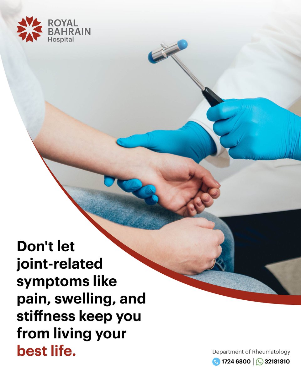 RBHospital's tweet photo. Don't let joint-related symptoms like pain, swelling, and stiffness keep you from living your best life. Visit us for expert care and treatment! 💪🏼

#jointspain #Bahrain #royalbahrain #manama https://t.co/3Mv3pfC87V