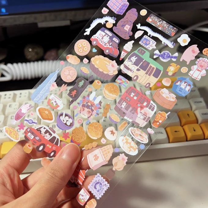 ive gotten into designing sticker sheets lately!!! it's fun drawing a bunch of colorful happy things and making them sticky. my goal is to make like 30 different designs and start a collection 