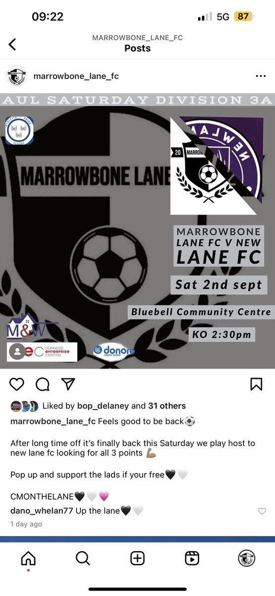 MarrowboneFc's tweet photo. League action finally back for the lads tomorrow,starting off with a home game vs @Newlane_Fc ,should be a cracker🖤🤍 @AULleague https://t.co/IaLnDrlaBA