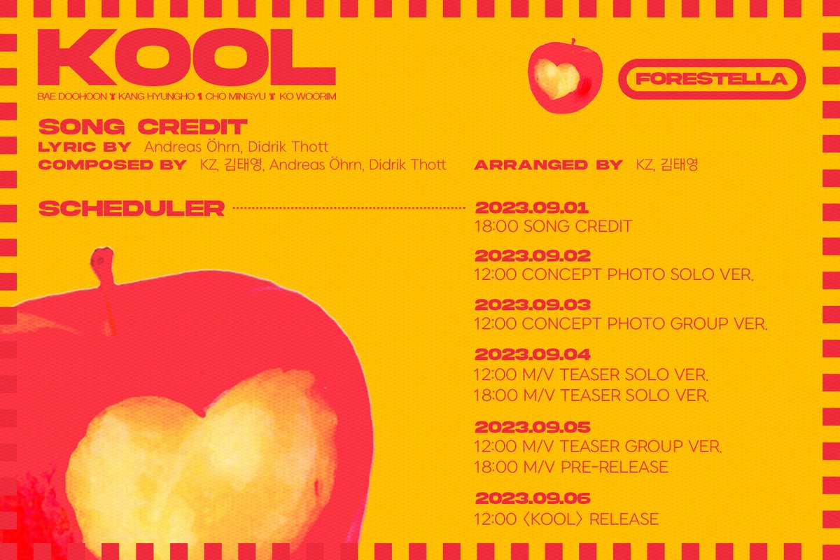official_fore's tweet image. [#FORESTELLA_NEWSONG]

[Spin-off] Digital Single
KOOL

Song Credit / Scheduler

🎧 Release on
2023.09.06 12pm (KST)

#Forestella #BeRightBack #BRB
#Spinoff #Borderline
#포레스텔라 #스핀오프 #보더라인
#🍽 #🍏