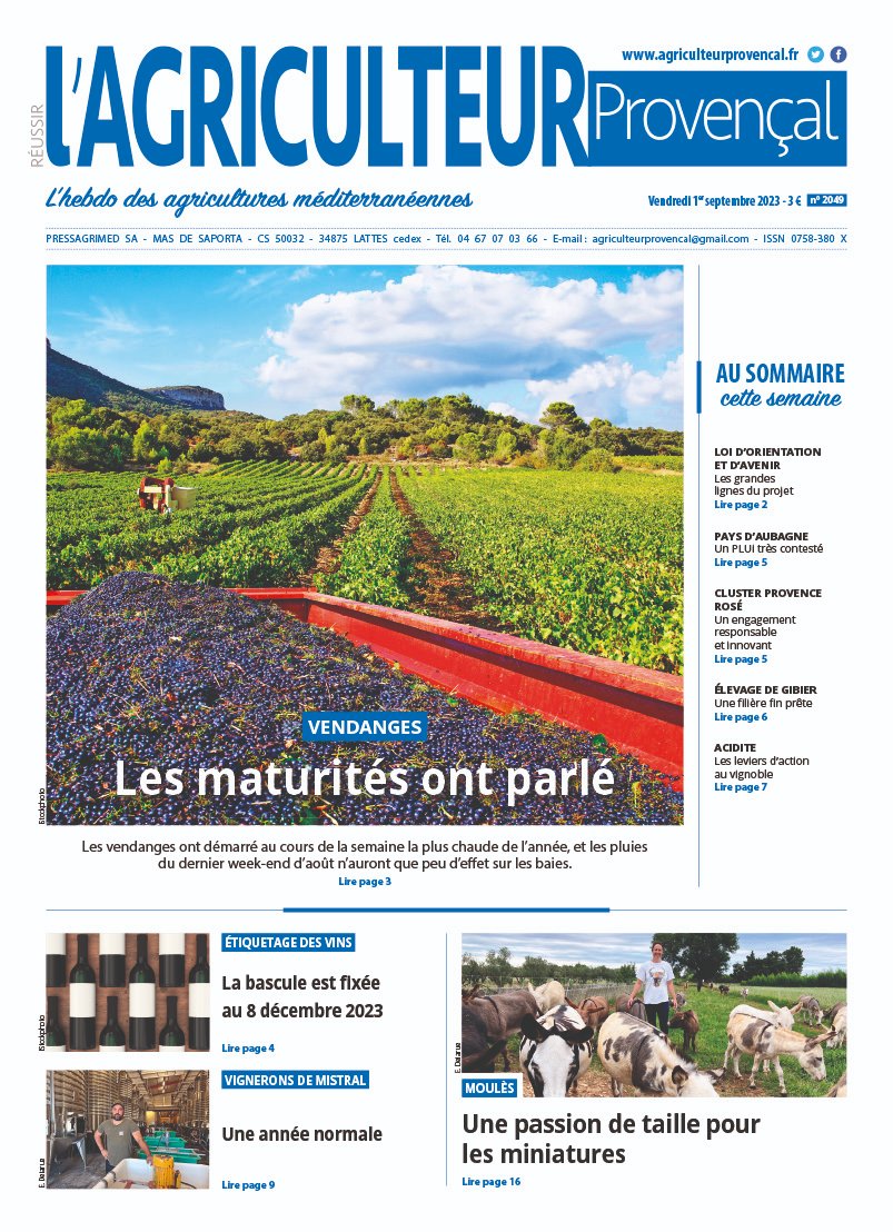 [A LA #UNE 📰]
<a href="/AgriProv/">AgriculteurProvençal</a> 👉les maturités 🍇ont parlé dans le département #vendanges, point sur le projet de loi d'orientation et d'avenir, le PLUi contesté du #Paysdaubagne, l'engagement du #clusterprovencerosé, zoom sur l'élevage de gibier,et rencontre #fermeloucraven...😎