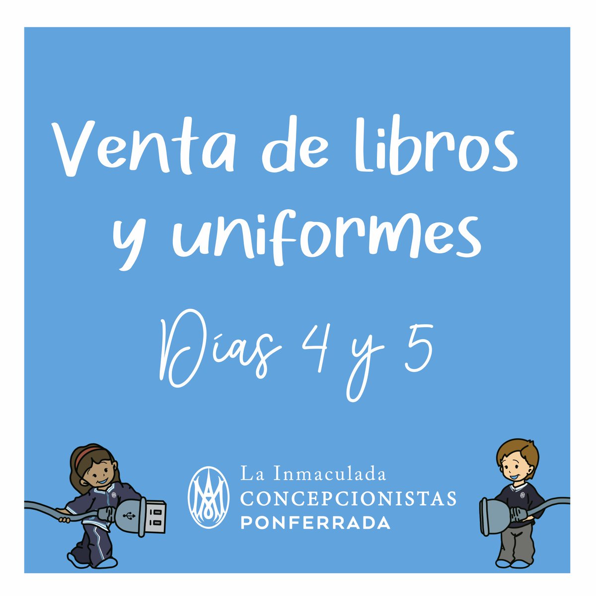 La venta de libros y uniformes tendrá lugar los días 4 y 5 de septiembre de 10 a 14h y de 16 a 19h.

El acceso se hará por el Patio de colores (Avenida Pérez Colino)