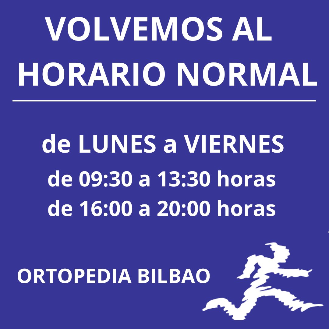 BilbaoOrtopedia's tweet photo. Volvemos a nuestro HORARIO NORMAL de apertura.
Lunes a Viernes
de 9:30 a 13:30 horas.
de 16:00 a 20:00 horas.
#ortopedia #ortopediabilbao #comercio #bilbao #bilbaocentro #bilbaodendak #verano #verano2023 #horario #comerciocalidad #ortopediaabierta https://t.co/4puTTw8O8x