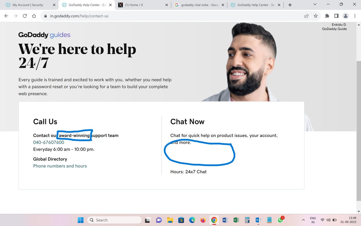 gauravchand's tweet photo. @GoDaddyHelp What happened to Chat support. Disappeared?  (attached)
Typing https://t.co/OWq6KK3rxx leads to page saying Call on Phone (attached)
Phone support a never ending wait.
 Word "Award-winning" needs to go from phone and help pages. Godaddy Internal Award?
#godaddyhelp https://t.co/T2h3m2bIAz