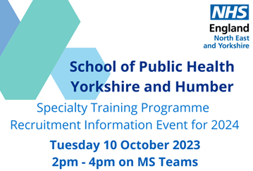 phupnorth's tweet image. Considering Public Health Specialist training? 

Yorkshire &amp;amp; the Humber School of Public Health is recruiting as part of an annual national programme, and we have an online recruitment information session on Tuesday 10th October 2023 2pm-4pm which can answer all your queries