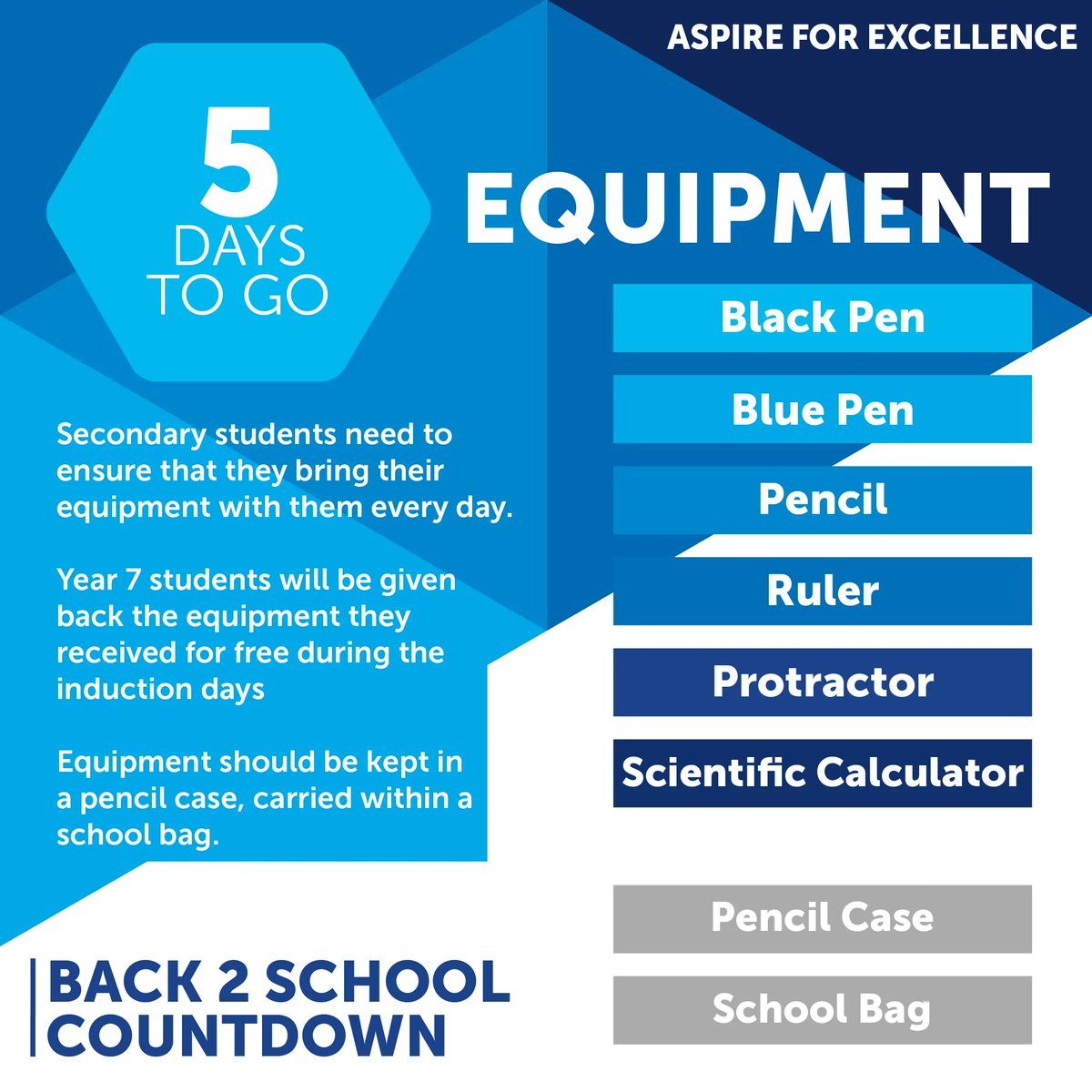 Grange_School's tweet image. Back to school in 5 days! Secondary students are required to bring set equipment with them every day to ensure they are prepared for learning. #back2school #beprepared #readyforlearning