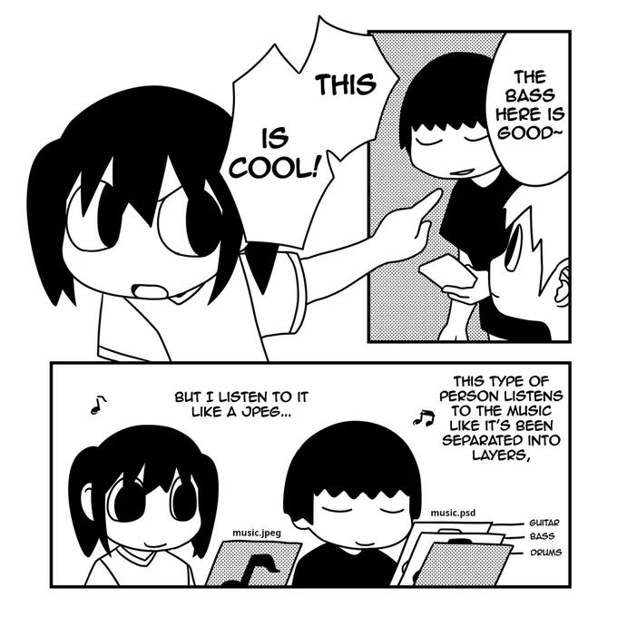 Listening to music like a JPEG (with Hasami Haguruma as a stand-in for myself)
Reminder that this reads from right to left!

(GIRakaCHEEZER @GIRakaCHEEZER さんに翻訳していただきました。いつもありがとうございます…!🙇‍♂️) 