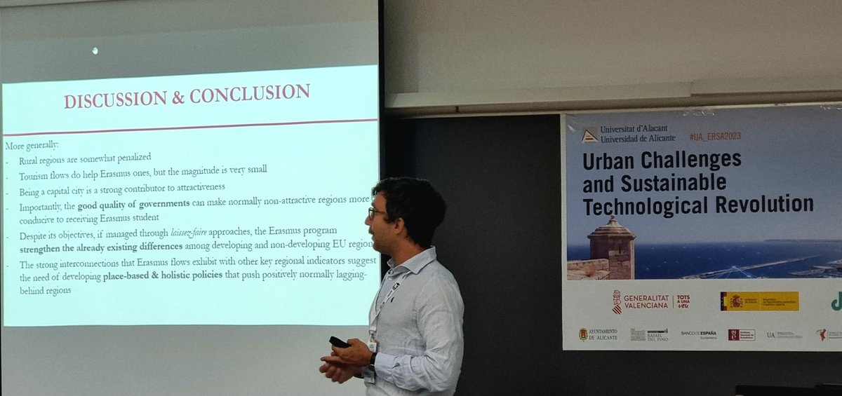 S. Cattaruzzo and G. Corò's study delves into Erasmus mobility dynamics in European regions. Regions with the capital city and institutional quality are shown to be incentives, whereas regions with tourism specialization face challenges #UA_ERSA2023 #ERSA2023 <a href="/ERSA_org/">ERSA</a>