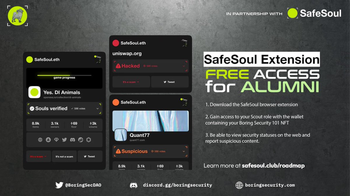 BoringSecurity's tweet photo. #BoringSecurity Alumni?
Get FREE access to the @SafeSouleth Chrome Extension!
SafeSoul is a browser extension that alerts you against scams, suspicious activity, hacked websites & phishing attempts.
Learn more in the #SafeSoul channel of our Server! https://t.co/YIzUJO99lc
