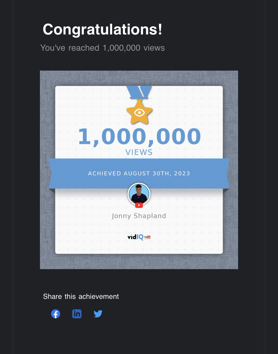 Just hit a mega milestone! 

1,000,000 views on YouTube.

Doesn’t seem like a lot in comparison to other accounts but for me with the majority of my content being long from. 

I am actually stoked! 

Road to 100k 📈

#Youtube #1million 

Thanks <a href="/Jesseeckel/">Jesse Eckel</a> for the inspo 🙏