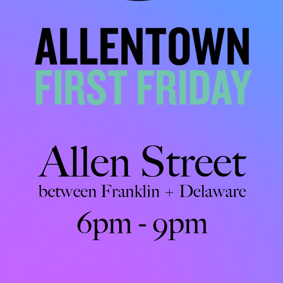 First Friday is TONIGHT! Be sure to take time between 6 PM and 9 PM to enjoy extended business hours and see what our artists have to offer! You can see which venues are participating via our event page allentown.org/events/