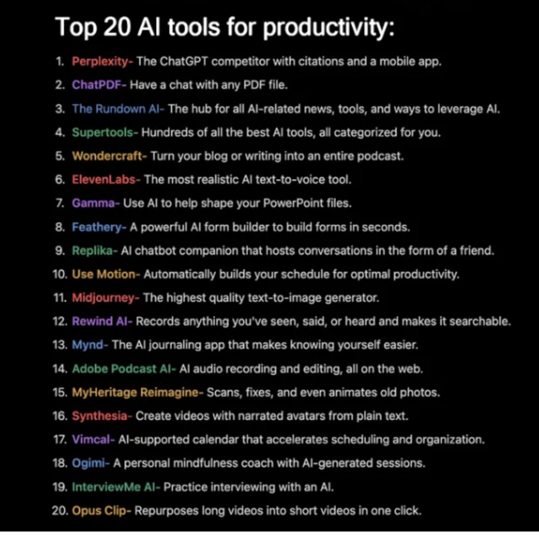 LaurelLeafChat's tweet image. 🍀 AI Productivity Tools
Loving AI? Need to learn more using different AI platforms, not just ChatGBT? Try these! 
#ai #aiproductivitytools #aigenerator #productivitytools #marketingtools #socialmediatools #aitips