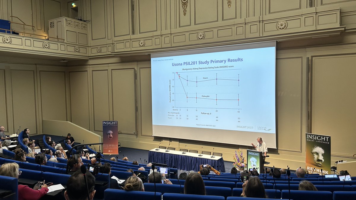 PLiknaitzky's tweet photo. @DrCharlesRaison presenting @usonainstitute just-released data at @mind_europe… psilocybin+therapy for MDD, impressive results out to 6w post baseline. Interested to see long term follow up. https://t.co/CVQR40BPWA https://t.co/0zWqprscdX