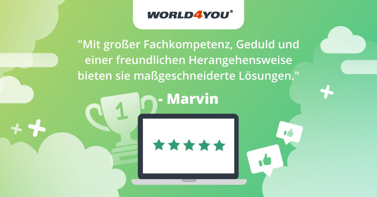 Es freut uns sehr, wenn sich Kunden die Zeit nehmen, um ihre Erfahrungen mit anderen Interessierten zu teilen. ⭐ Dabei hat sich Marvin besonders viel Zeit genommen, um unsere Services zu bewerten.

Die herausragende Bewertung gibt's auf Trustpilot: w4y.at/fC8wlu