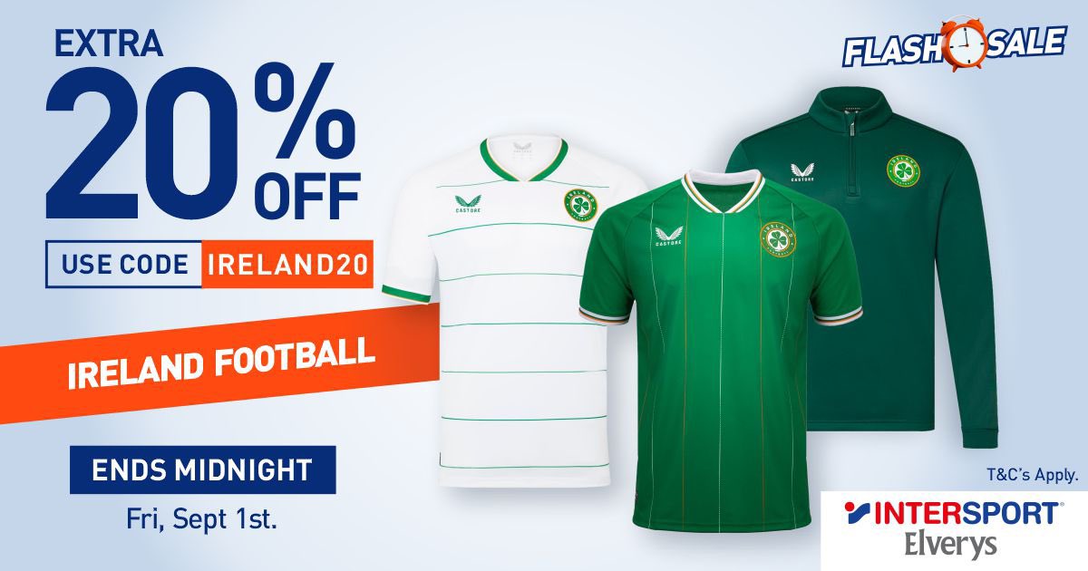 ⚡Ireland Football Flash Sale is LIVE! Take an EXTRA 20% off ALL Ireland Football - full-price & sale items included! 1 day only - ends at midnight tonight! Use code IRELAND20 at checkout. Online & In-Store. 🔗 bit.ly/3Ek9f7F #TheHeartOfSport
