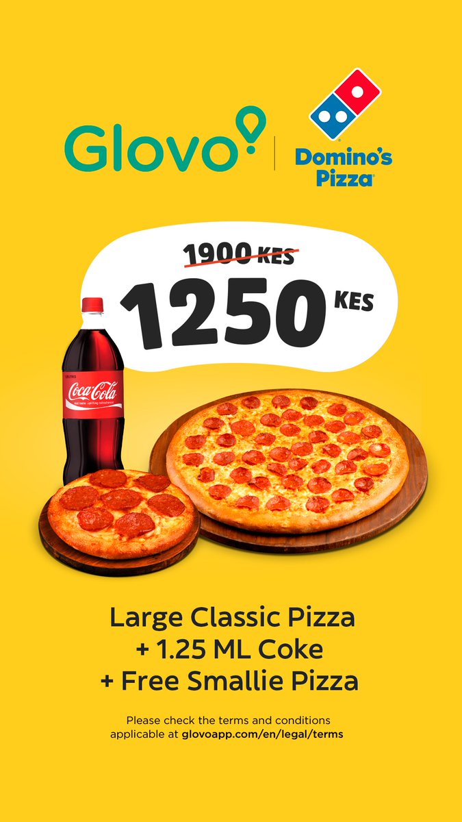 Glovo is the app that delivers anything you want from your city. Domino’s is now available at Glovo and there is an amazing promo you can not miss... Large Pizza + Small Pizza +1.25L soda for only KES 1,250 #glovodelivers #glovokenya #glovobargains #glovoapp