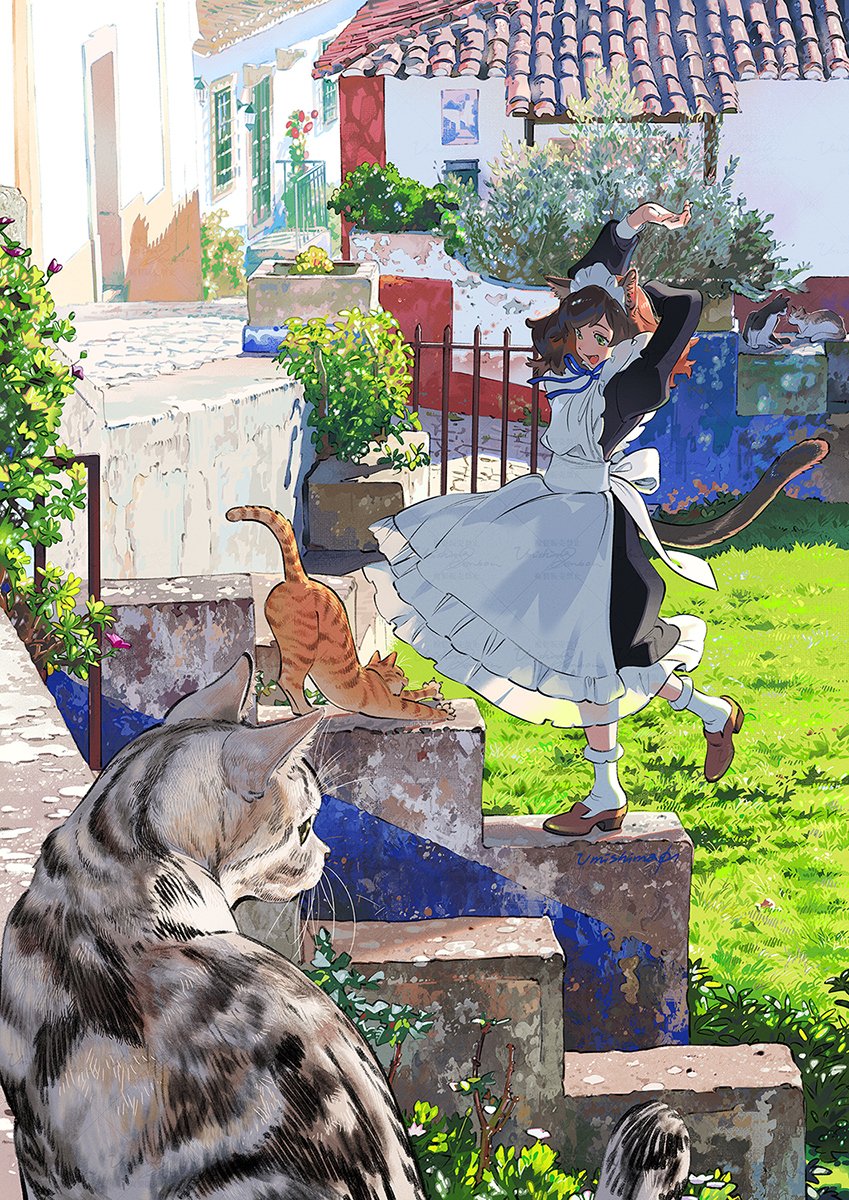 1girl cat animal ears apron maid outdoors tail  illustration images