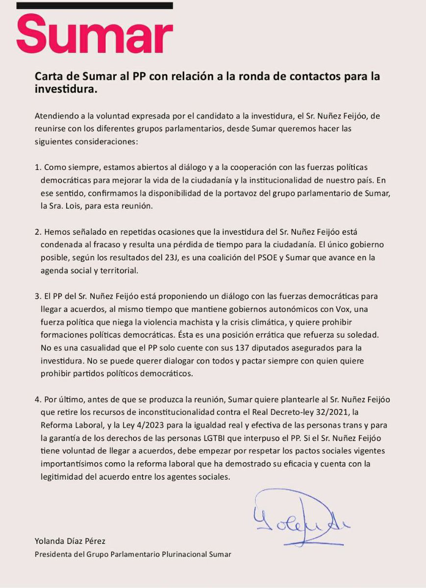 Ante la ronda de contactos de Nuñez Feijóo en esta investidura fallida exponemos nuestra posición. Diálogo si, pero desde principios democráticos.